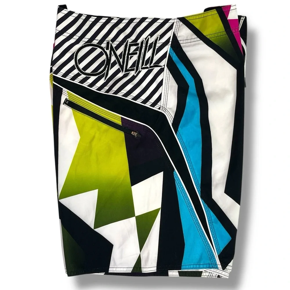O'Neill Board Shorts Mens 38 Y2K 90s Surf Retro Geometric Multicolor Swim Trunks